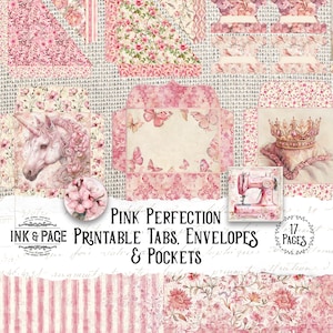 Pink Perfection Printable Ephemera Junk Journal Kit Petal Envelopes Digital Pockets Shabby Roses Vintage Scrapbook File Tabs Bullet Journal