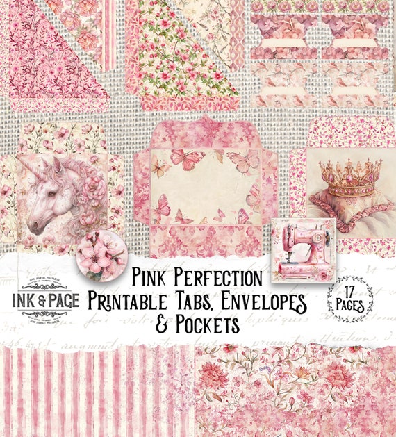 Pink Perfection Printable Ephemera Junk Journal Kit Petal Envelopes Digital Pockets Shabby Roses Vintage Scrapbook File Tabs Bullet Journal
