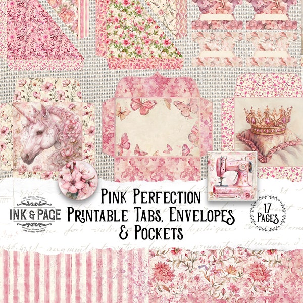 Pink Perfection Printable Ephemera Junk Journal Kit Petal Envelopes Digital Pockets Shabby Roses Vintage Scrapbook File Tabs Bullet Journal