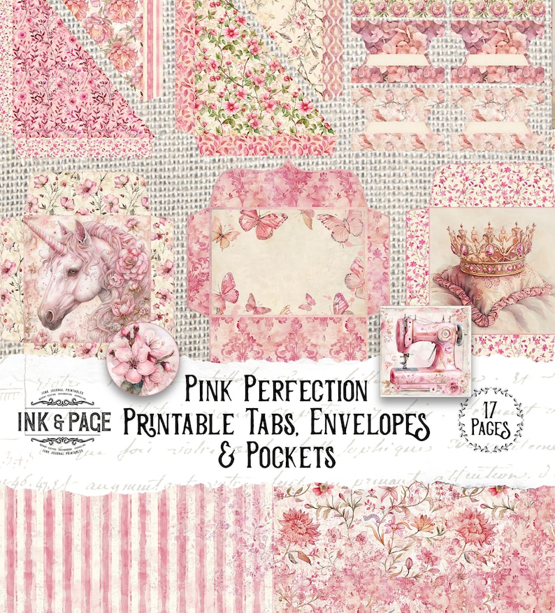 May include: Pink and white printable tabs, envelopes, and pockets with floral and butterfly designs. The text "PINK PERFECTION PRINTABLE TABS, ENVELOPES & POCKETS" is at the bottom of the image. The text "17 PAGES" is in the top right corner of the image.