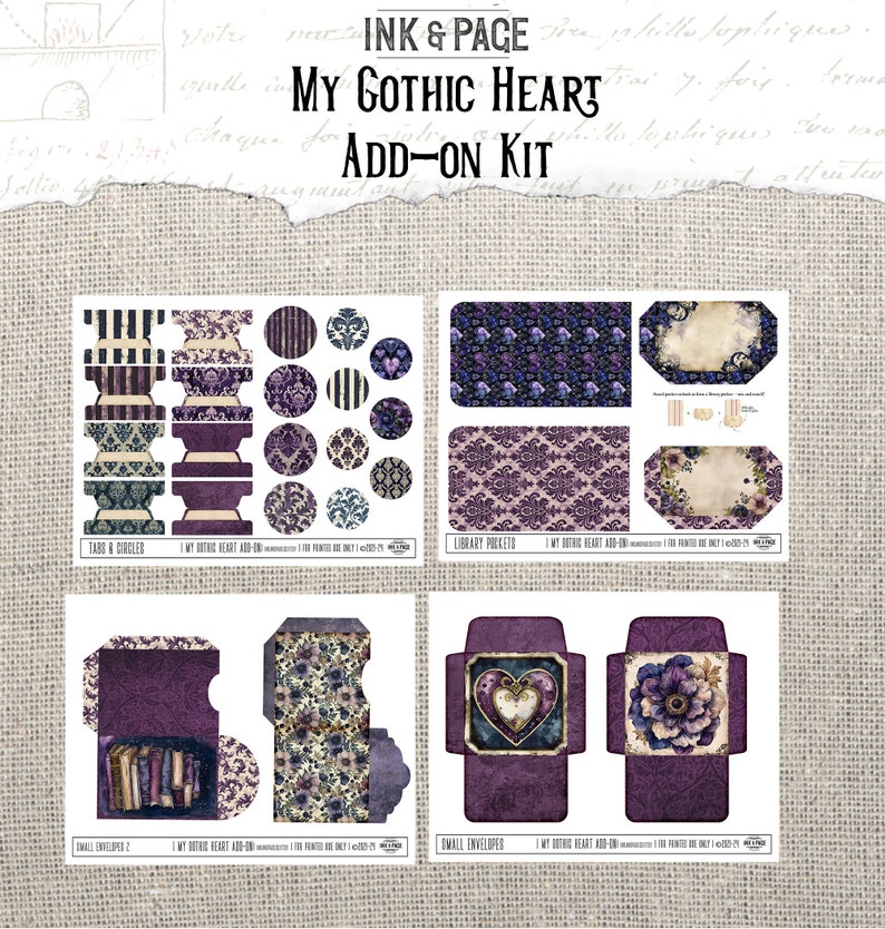 Puede incluir: Paquete de papel digital imprimible para scrapbooking y manualidades. El paquete incluye pesta&ntilde;as, c&iacute;rculos, bolsillos de biblioteca y sobres con un tema de coraz&oacute;n g&oacute;tico. Los dise&ntilde;os presentan una combinaci&oacute;n de colores p&uacute;rpura y negro con patrones florales y damasco.