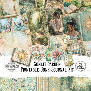 Kit para impressão Sunlit Garden Junk Journal Magic Summer Digital Download Celestial Background Paper Butterfly Pages Green Witch BoS Crystals