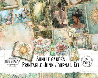 Sunlit Garden Junk Journal Printable Kit Magic Summer Digital Download Celestial Background Paper Butterfly Pages Green Witch BoS Crystals