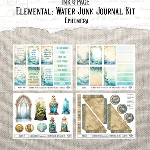 May include: Water Junk Journal Kit ephemera with watercolour illustrations of ocean waves, seashells, and crystals. Includes words and phrases, blanks, pockets, and scrapbook elements. For printed use only.