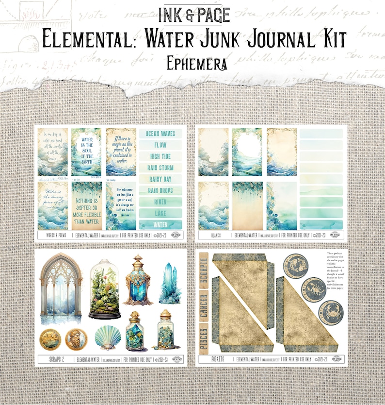 May include: Water Junk Journal Kit ephemera with watercolour illustrations of ocean waves, seashells, and crystals. Includes words and phrases, blanks, pockets, and scrapbook elements. For printed use only.