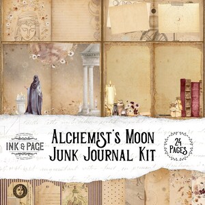 Op de afbeelding: Een digitale junk journal kit met 24 pagina's met een alchemistenmaanthema. De kit bevat afbeeldingen van een maan, sterren, kaarsen, boeken en andere mystieke elementen. De kit is perfect om een uniek en persoonlijk dagboek te maken.