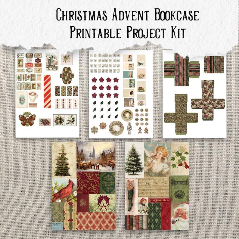 Utskrivbart kit för adventsbokhylla | Miniboklådor | Vintage julbibliotek | Skräpjournal och papperspysselprojekt bild 7