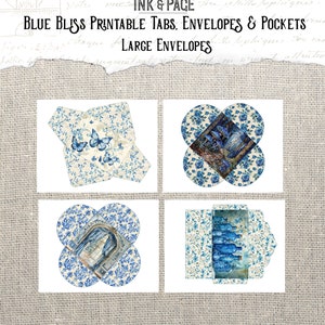 May include: Four printable envelope designs featuring a blue and white floral pattern. The designs include a butterfly, a window with a view of a garden, a mushroom forest, and a row of bottles.