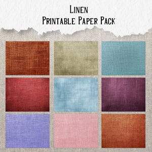 May include: A digital paper pack featuring nine rectangular linen textures in various colors, including rust, olive green, teal, red, light blue, purple, lavender, pink, and burnt orange. The words "Linen Printable Paper Pack" are at the top.