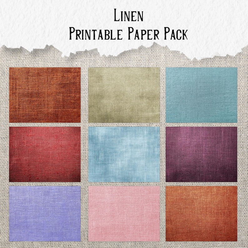 May include: A digital paper pack featuring nine rectangular linen textures in various colors, including rust, olive green, teal, red, light blue, purple, lavender, pink, and burnt orange. The words "Linen Printable Paper Pack" are at the top.