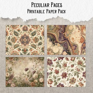 May include: A printable paper pack titled Peculiar Pages featuring four distinct designs: a symmetrical floral damask pattern, a marbled texture with swirls of brown and cream, a soft-focus floral arrangement, and a dense botanical rose print.