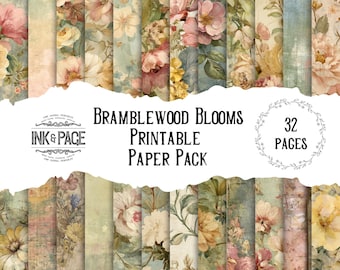 Bramblewood Blooms Printable Paper Pack Pretty Digital Download Magical Garden Junk Journal Nature Distressed Vintage Florals Papercraft