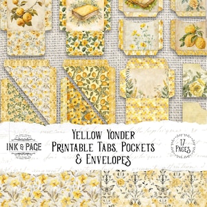 Yellow Yonder Printable Pockets Junk Journal Envelopes Digital File Tabs Add-On Ephemera Scrapbook Elements Tuck Spots Vintage Floral Paper