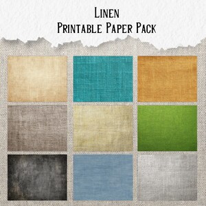 May include: A printable paper pack with nine rectangular linen textures in various colors, including beige, teal, orange, gray, light yellow, green, black, blue, and silver. The text "Linen Printable Paper Pack" is at the top.