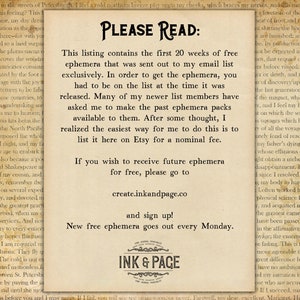 May include: A vintage-style paper with the text "PLEASE READ" at the top, followed by information about free ephemera packs. Includes the website create.inkandpage.co and the logo for Ink & Page.