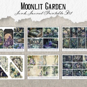 Pode incluir: Um kit de di&aacute;rio de sucata imprim&iacute;vel com um tema de jardim iluminado pela lua. O kit inclui imagens de um livro, cristais, flores e uma lua. As imagens est&atilde;o em tons de azul, roxo e verde.