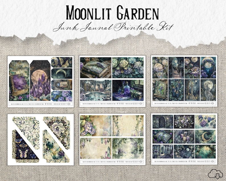 Pode incluir: Um kit de di&aacute;rio de sucata imprim&iacute;vel com um tema de jardim iluminado pela lua. O kit inclui imagens de um livro, cristais, flores e uma lua. As imagens est&atilde;o em tons de azul, roxo e verde.