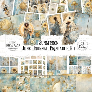 Pode incluir: Um kit de diário de sucata imprimível com um tema de sol. O kit inclui 28 páginas de papéis digitais, efêmeras e enfeites com sóis, estrelas, luas e girassóis em tons de azul, amarelo e dourado.
