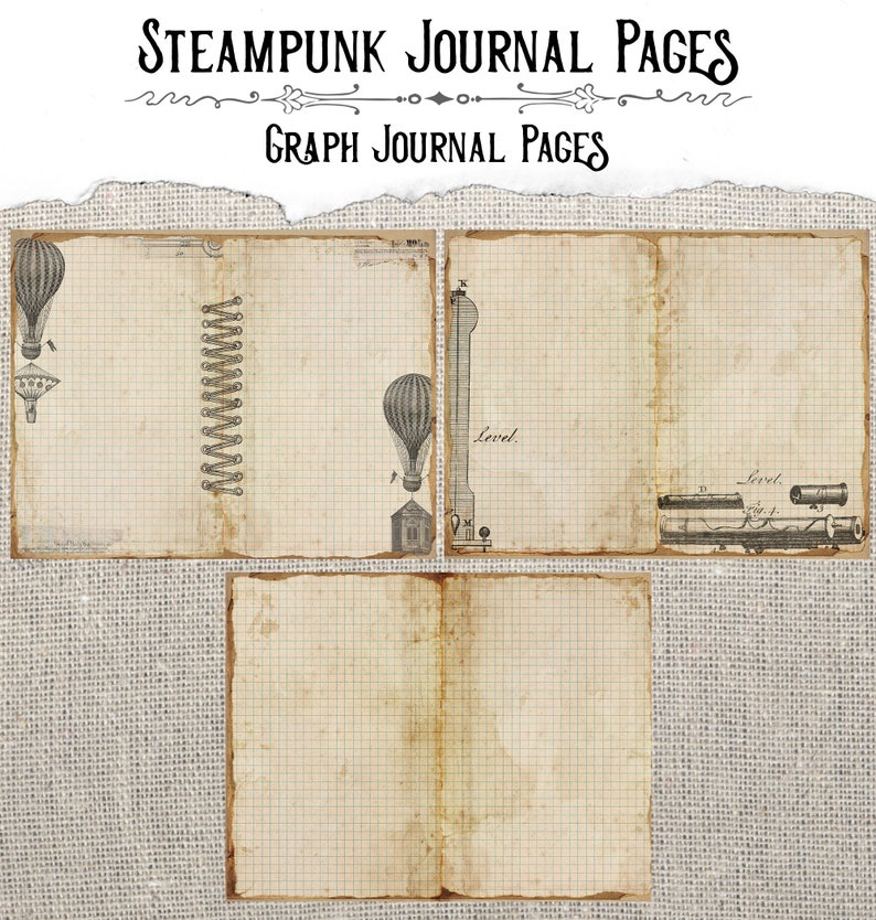 May include: Three printable journal pages with a steampunk theme. The pages feature a grid pattern and illustrations of an airship, a level, and a telescope. The text "STEAMPUNK JOURNAL PAGES" and "GRAPH JOURNAL PAGES" is at the top of the image.
