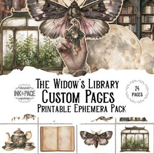 以下が含まれることがあります： The Widow's Library Custom Pagesと題された印刷可能なエフェメラパック。大きな蛾、宝石のペンダントを持つ手、温室、満月、ティーポット、ティーカップ、開いた本などのグラフィックが24ページ分含まれています。