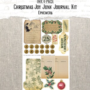 K&ouml;nnte beinhalten: Ein Weihnachts-Junk-Journal-Kit mit Ephemera. Das Kit enth&auml;lt einen Brief an den Weihnachtsmann, einen Weihnachtsgru&szlig;, die Nummer 25, einen Stechpalmenzweig, einen roten Weihnachtsbaumschmuck, ein Schild mit der Aufschrift Frohe Weihnachten und eine Reihe von Zahlen von 1 bis 12.