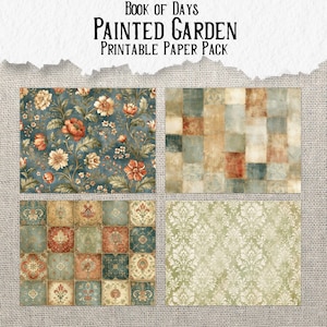 May include: A digital paper pack titled Book of Days Painted Garden featuring four distinct patterns: a blue floral print with orange flowers, a muted grid of beige and blue squares, a grid of ornate decorative tiles, and a light green damask pattern.