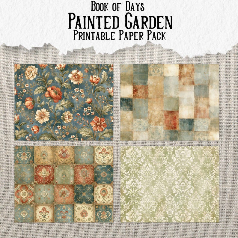 May include: A digital paper pack titled Book of Days Painted Garden featuring four distinct patterns: a blue floral print with orange flowers, a muted grid of beige and blue squares, a grid of ornate decorative tiles, and a light green damask pattern.