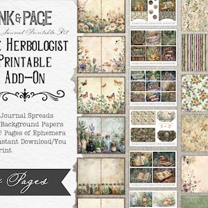 K&ouml;nnte beinhalten: Ein druckbares Junk-Journal-Set mit 34 Seiten zum Thema Botanik. Das Set enth&auml;lt 6 Journal-Spreads, 6 Hintergrundpapiere und 22 Seiten mit Ephemera. Das Set tr&auml;gt den Titel "The Herbologist Printable Add-On".