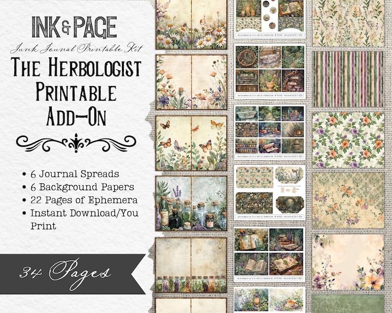 K&ouml;nnte beinhalten: Ein druckbares Junk-Journal-Set mit 34 Seiten zum Thema Botanik. Das Set enth&auml;lt 6 Journal-Spreads, 6 Hintergrundpapiere und 22 Seiten mit Ephemera. Das Set tr&auml;gt den Titel "The Herbologist Printable Add-On".