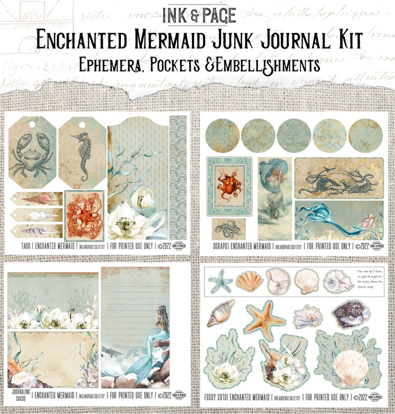 Enchanted Mermaid Junk Journal Printable Kit, Vintage Ocean Ephemera ...