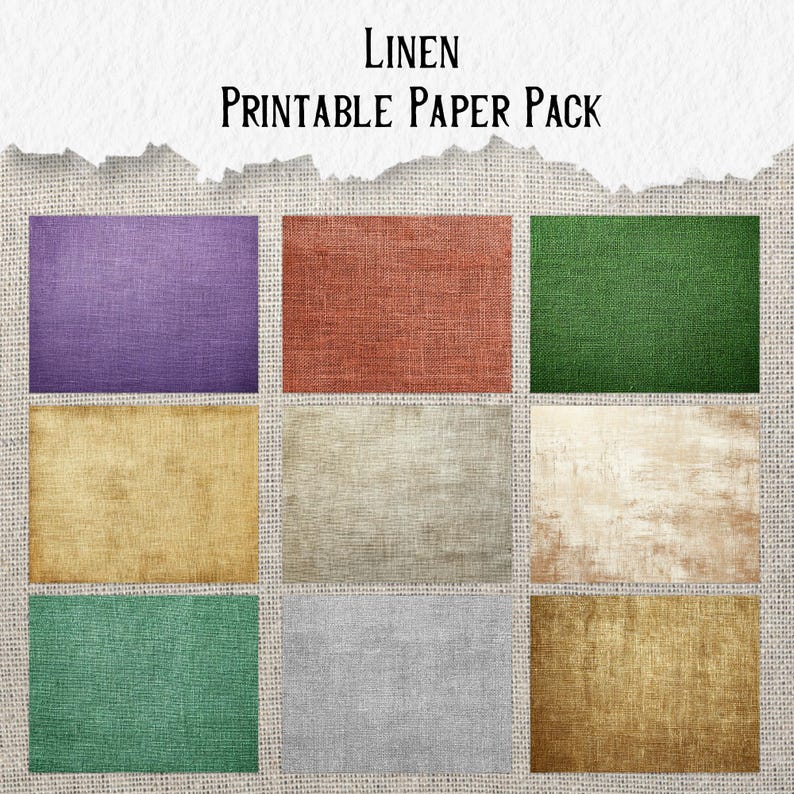 May include: A collection of nine rectangular linen paper textures in various colors, including purple, red-orange, green, yellow, beige, and gray. The text "Linen Printable Paper Pack" is displayed at the top.