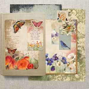 May include: A vintage-style journal with a collage of images and text. The journal cover features a quote about true colors and a rainbow, along with images of butterflies and mushrooms. The background is a textured, faded paper with a floral pattern.