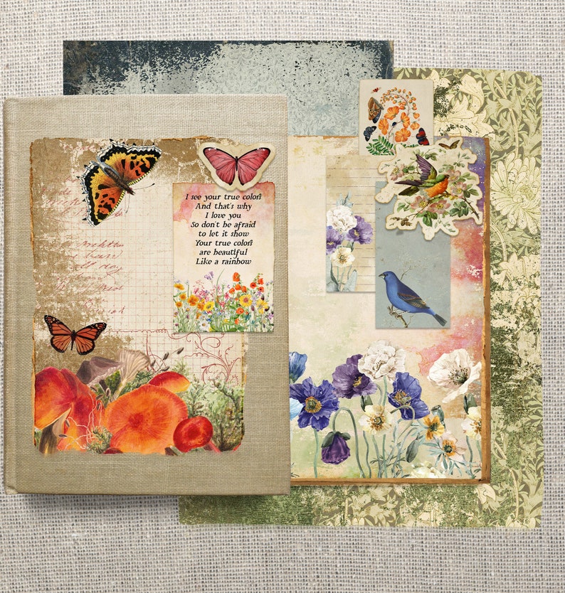 May include: A vintage-style journal with a collage of images and text. The journal cover features a quote about true colors and a rainbow, along with images of butterflies and mushrooms. The background is a textured, faded paper with a floral pattern.
