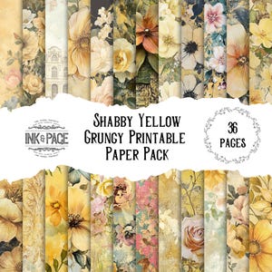 Shabby Yellow Printable Paper Pack Pretty Grungy Digital Download Nature Junk Journal Distressed Pages Vintage Florals Papercrafting Cottage