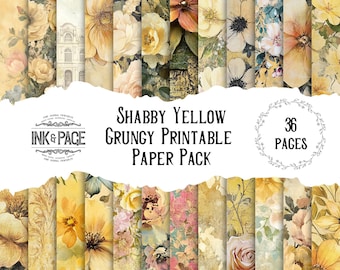 May include: A collection of 36 printable paper sheets with a shabby yellow and grungy floral design. The papers feature various floral patterns, including roses and other flowers, with a vintage aesthetic. The text on the image reads "Shabby Yellow Grungy Printable Paper Pack."
