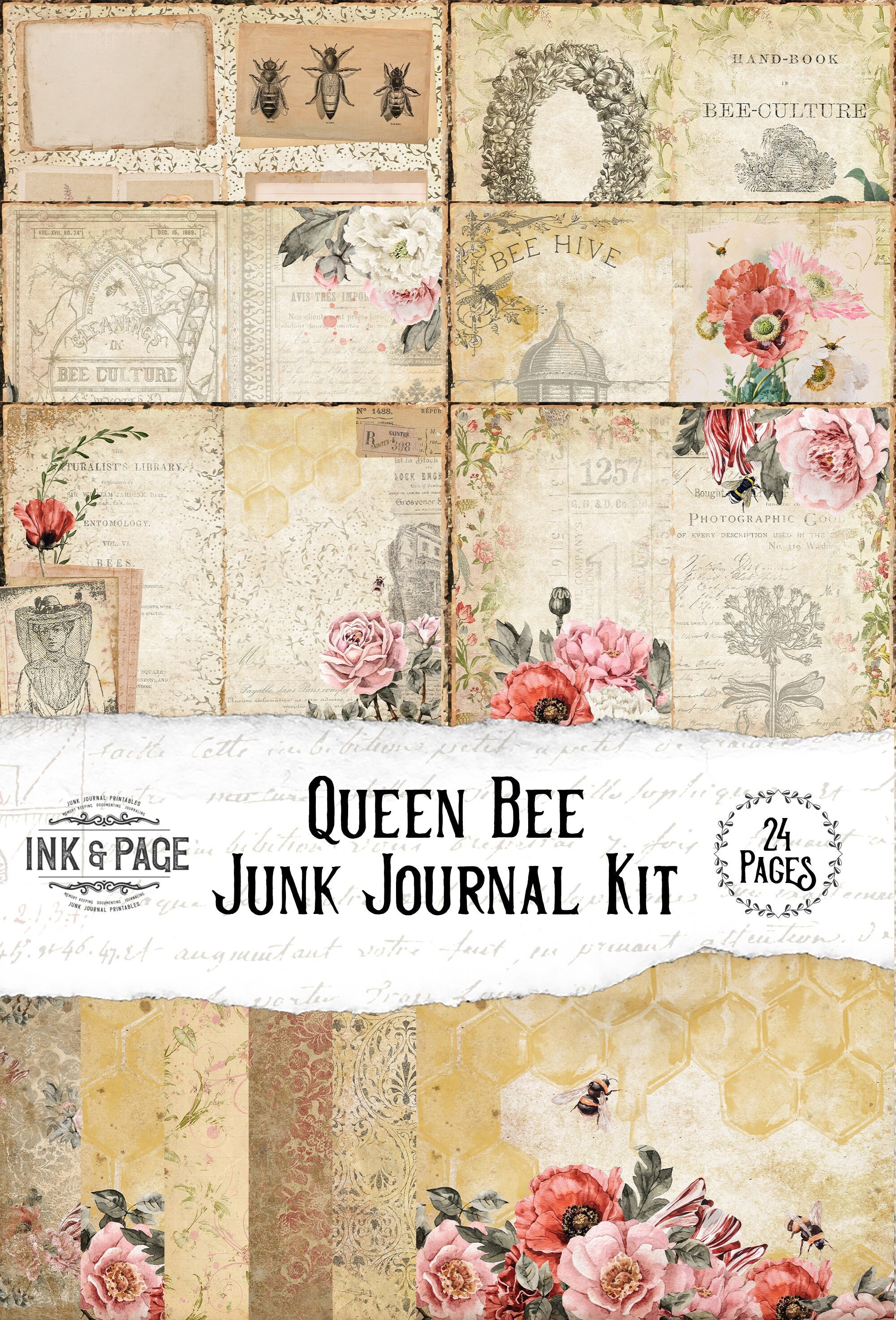 Queen Bee Junk Journal Printable Kit Nature Digital Download Honeybee Tags Vintage Garden Ephemera Pack Summer Garden Digital Download Bujo