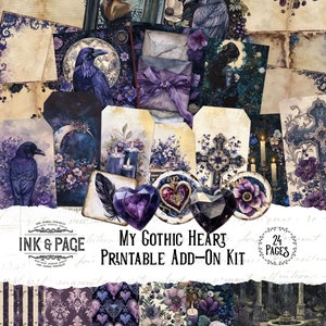 My Gothic Heart Junk Journal Afdrukbare Ephemera Add-On Kit Tags Digitale Download Zakken Romantiek Journal Kaarten ATCs Dark Valentine's Craft