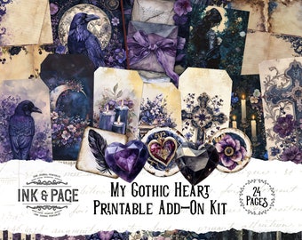 May include: A digital printable kit with 24 pages of gothic themed images. The images include ravens, hearts, candles, crosses, flowers, and more. The kit is perfect for scrapbooking, card making, and other crafting projects.