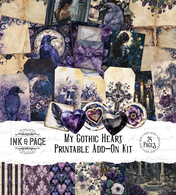 My Gothic Heart Junk Journal Printable Ephemera Add-On Kit Tags Digital Download Pockets Romance Journal Cards ATCs Dark Valentine's Craft