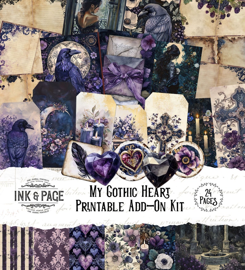 Puede incluir: Un kit digital imprimible con 24 p&aacute;ginas de im&aacute;genes de tem&aacute;tica g&oacute;tica. Las im&aacute;genes incluyen cuervos, corazones, velas, cruces, flores y mucho m&aacute;s. El kit es perfecto para scrapbooking, creaci&oacute;n de tarjetas y otros proyectos de manualidades.