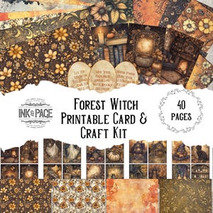 May include: A printable craft kit with 40 pages of images featuring a forest witch theme. The images include a cauldron, pumpkins, a witch's house, and other spooky elements. The text on the image reads "Forest Witch Printable Card & Craft Kit" and "40 Pages".
