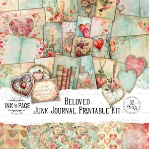 Geliebte Junk Journal Printable Kit Collage Valentinstag Digital Download Liebe Scrapbook Papier Shabby Chic Rosen Ephemera Linierte Seiten Bujo