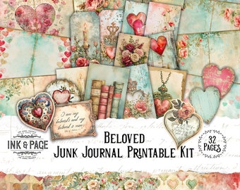Beloved Junk Journal Printable Kit Collage Valentine's Day Digital Download Love Scrapbook Paper Shabby Chic Roses Ephemera Lined Pages Bujo