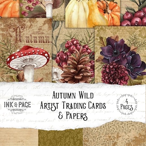 Herfst Wild Afdrukbare ATC's, Fall Artist Trading Cards, Vintage Forest Digital Download, Natuur Collage, Paddestoel Ephemera, Woodland Gebladerte