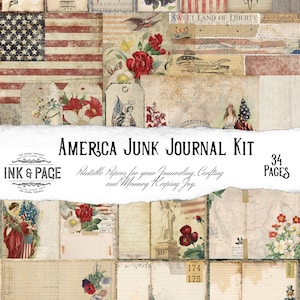 Patriotic Junk Journal Kit, America Printables, vintage American, 4th of July Ephemera, Americana, Digital Download, USA, Scrapbook Paper
