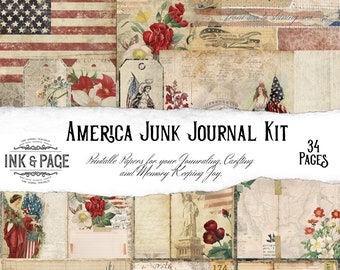 Patriotic Junk Journal Kit, America Printables, Vintage American, 4th of July Ephemera, Americana, Digital Download, USA, Scrapbook Paper