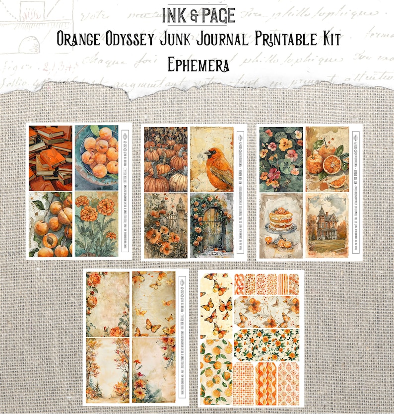Orange Odyssey Junk Journal Printable Kit Marigold Digital Download Amber Vintage Ephemera Scrapbook Paper Supplies Shabby Background Pages image 5