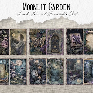 Pode incluir: Um kit de di&aacute;rio de sucata imprim&iacute;vel com um tema de jardim iluminado pela lua. O kit inclui 9 imagens com uma variedade de elementos, incluindo uma lua, flores, uma borboleta, um livro, uma porta e uma floresta. As imagens s&atilde;o de estilo vintage com uma paleta de cores escuras e melanc&oacute;licas.