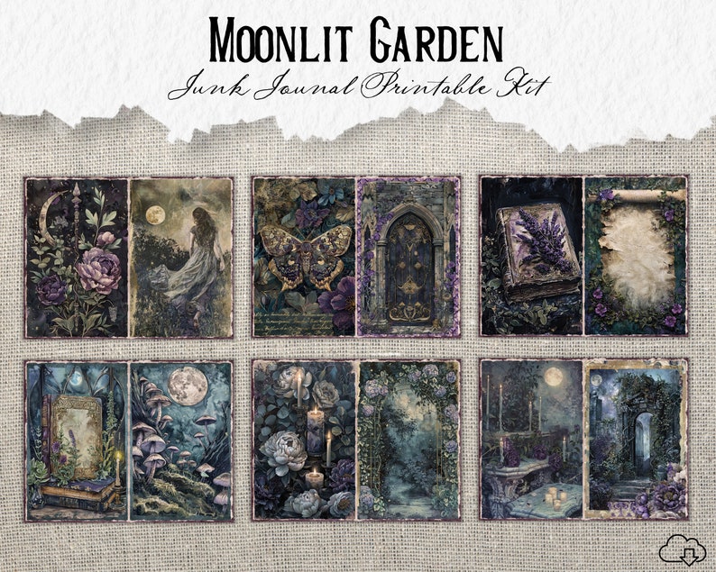 Pode incluir: Um kit de di&aacute;rio de sucata imprim&iacute;vel com um tema de jardim iluminado pela lua. O kit inclui 9 imagens com uma variedade de elementos, incluindo uma lua, flores, uma borboleta, um livro, uma porta e uma floresta. As imagens s&atilde;o de estilo vintage com uma paleta de cores escuras e melanc&oacute;licas.