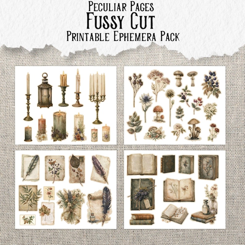 May include: A printable ephemera pack titled Peculiar Pages Fussy Cut featuring four sheets of illustrations including candles, lanterns, botanical elements like mushrooms and flowers, vintage paper scraps, feathers, and antique books.
